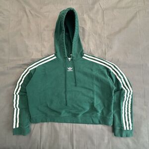 Adidas Originals Hoodie Womens Small Green Trefoil Logo Crop Top Pullover Stripe